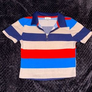 Blue, Navy, Red and Cream Collard Zip Up Ribbed Crop Top